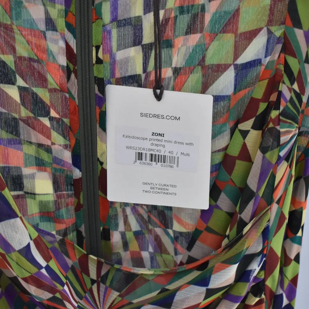 Zoni Kaleidoscope Print Mini Dress – Draped Bust & Flowy Skirt, Size 40 - Picture 3 of 3